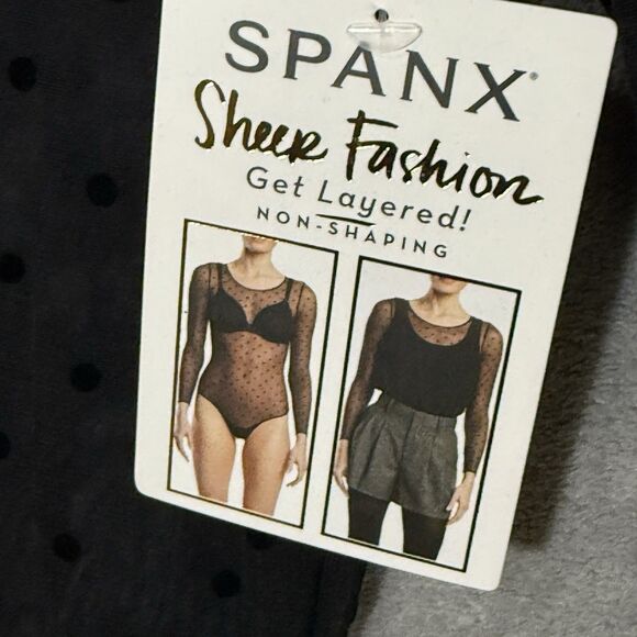 NWT Spanx Bodysuit XL Smoothing Mesh Flocked Polka Dot Layered Smooth Black - Picture 2 of 10